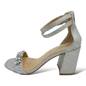 Jewel Badgley Mischka Natala Block Heel Evening Sandal Silver Glitter Jeweled 7M